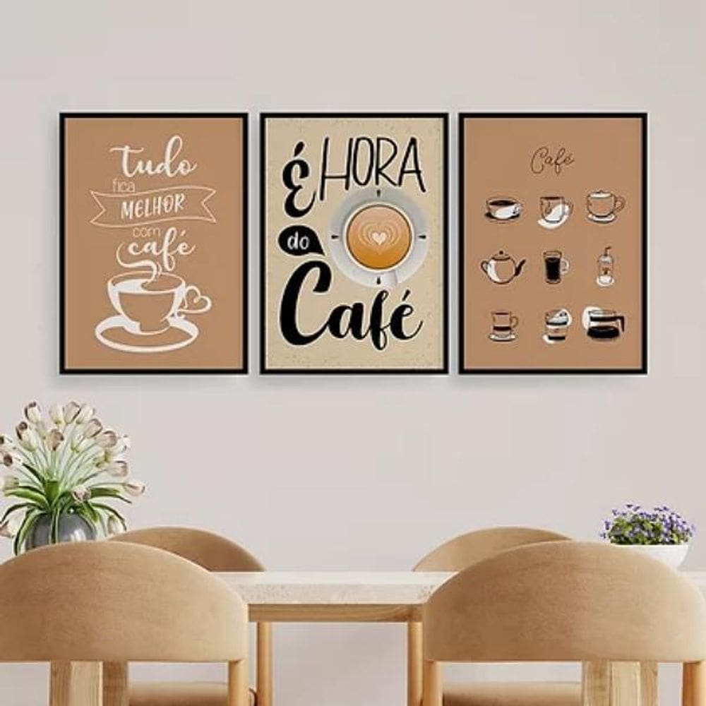 Kit 3 Quadros É Hora Do Café 33X24Cm - Madeira Preta