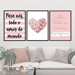 Kit 3 Quadros Todo Amor Do Mundo Coração 45X34 Moldura Preta