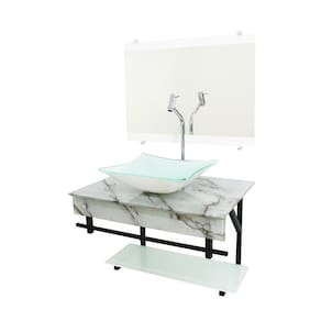Gabinete De Vidro 70Cm Cuba Quadrada - Mármore Branco