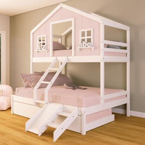 Treliche Casal/ Solteiro Casinha dos Sonhos com Escada/ Escorregador Madeira Maciça Rosa/ Branco Housin