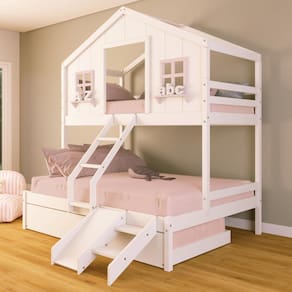 Treliche Casal/ Solteiro Casinha dos Sonhos com Escada/ Escorregador Madeira Maciça Branco/ Rosa Housin
