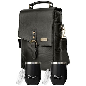 Bolsa Térmica Para Transporte de Vinhos de Couro até 2 Garrafas, com 2 Copos Incluídos, TILVINI TV 01, Preto