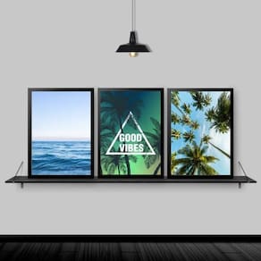 Kit 3 Quadros Praia Mar Coqueiro Good Vibes 45X34Cm - Preta