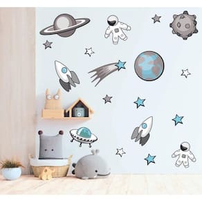 Adesivo De Parede Astronautas Foguetes Tons De Cinza