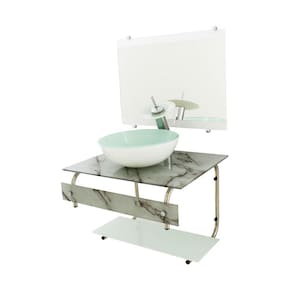 Gabinete De Vidro 60Cm Inox Cuba Redonda - Mármore Branco