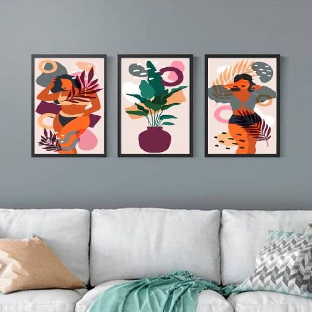 Kit 3 Quadros Mulheres E Folhagens 33X24 Com Vidro - Preta