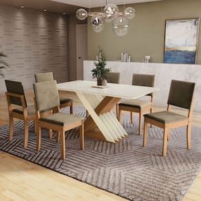 Mesa de Jantar 6 Lugares Samanta com Vidro Canela/Off White/Bege - Kappesberg Jantar