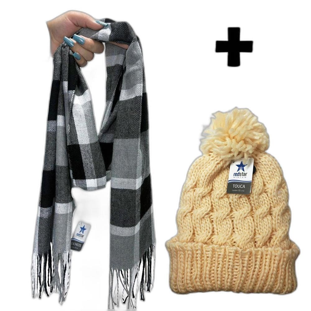 Cachecol Xadrez Inverno Frio Festa Junina Touca Pompom Chic