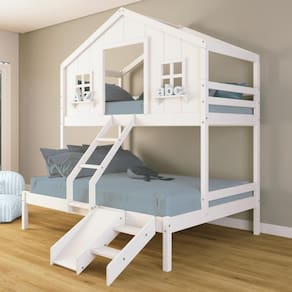 Beliche Casal/ Solteiro Casinha dos Sonhos com Escada/ Escorregador Madeira Maciça Branco Housin