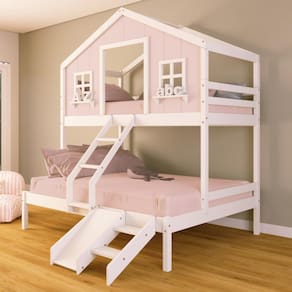 Beliche Casal/ Solteiro Casinha dos Sonhos com Escada/ Escorregador Madeira Maciça Rosa/ Branco Housin