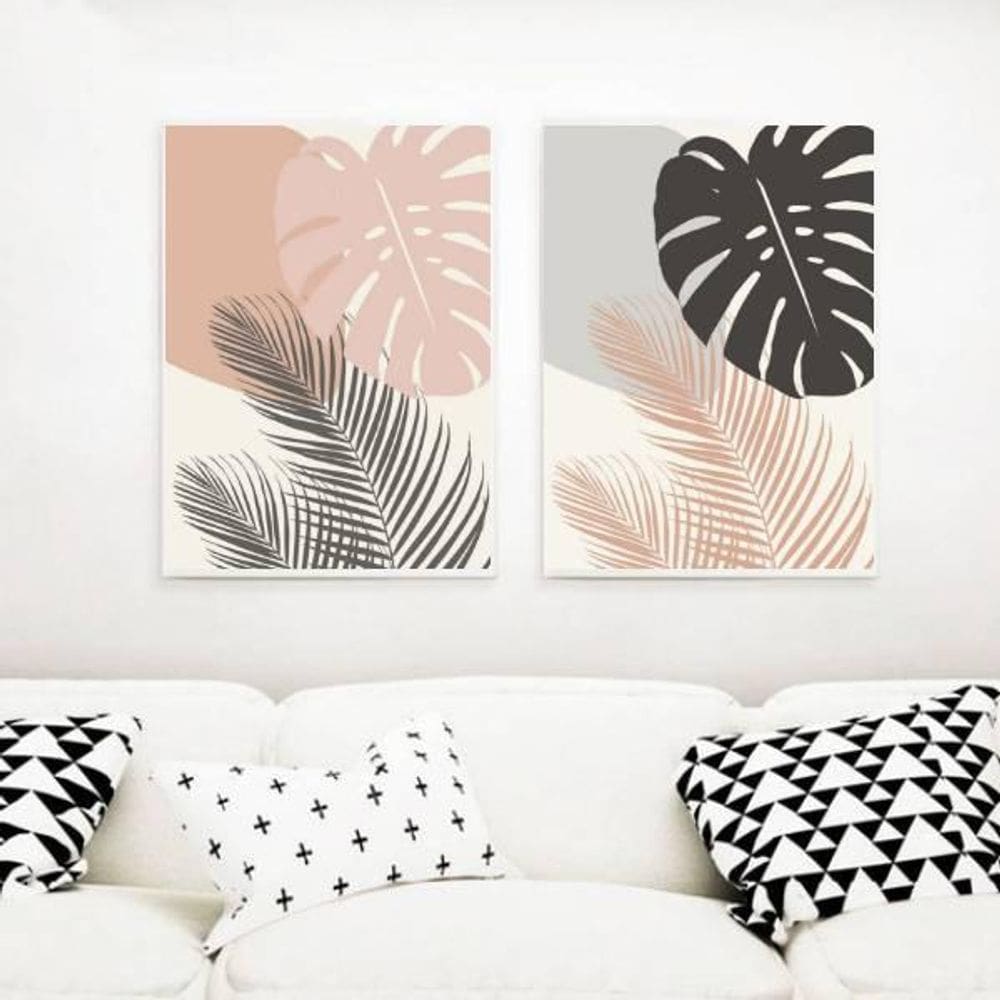 Kit Quadro Decorativo Folhagens Rosa E Cinza 45x34cm 2 Peças