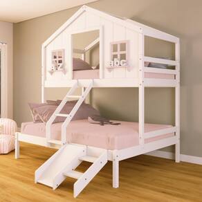Beliche Casal/ Solteiro Casinha dos Sonhos com Escada/ Escorregador Madeira Maciça Branco/ Rosa Housin