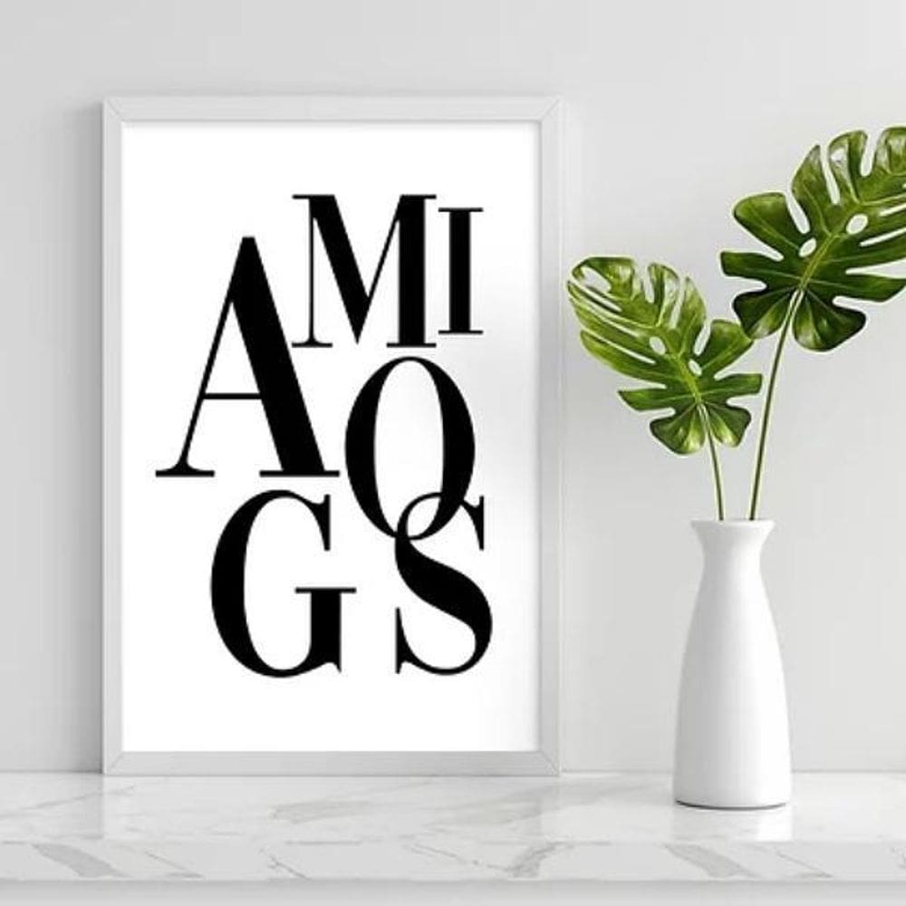 Quadro Decorativo Palavra Amigos 45X34Cm - Madeira Branca