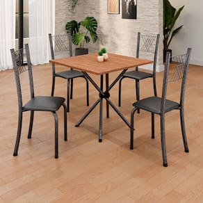 Conjunto de Mesa Tubular 70x70cm Tampo em Mdf com 4 Cadeiras Preto liso / Martelado Prata