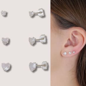 Trio de brincos em Coração 4/5/6mm em Prata 925