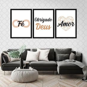 Kit 3 Quadros Decorativos Fé, Obrigado Deus Marrom