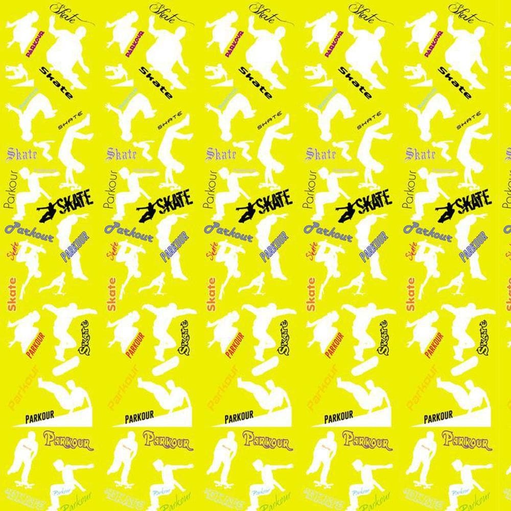 Papel De Parede Adesivo Amarelo Desenhos Skate Decorativo