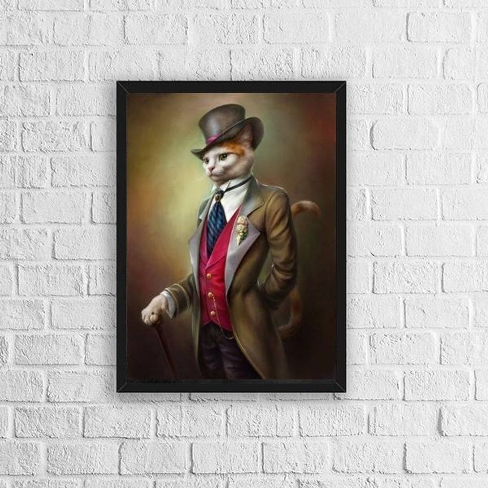 Quadro Gato Vestido De Gente 45X34Cm Madeira Preta