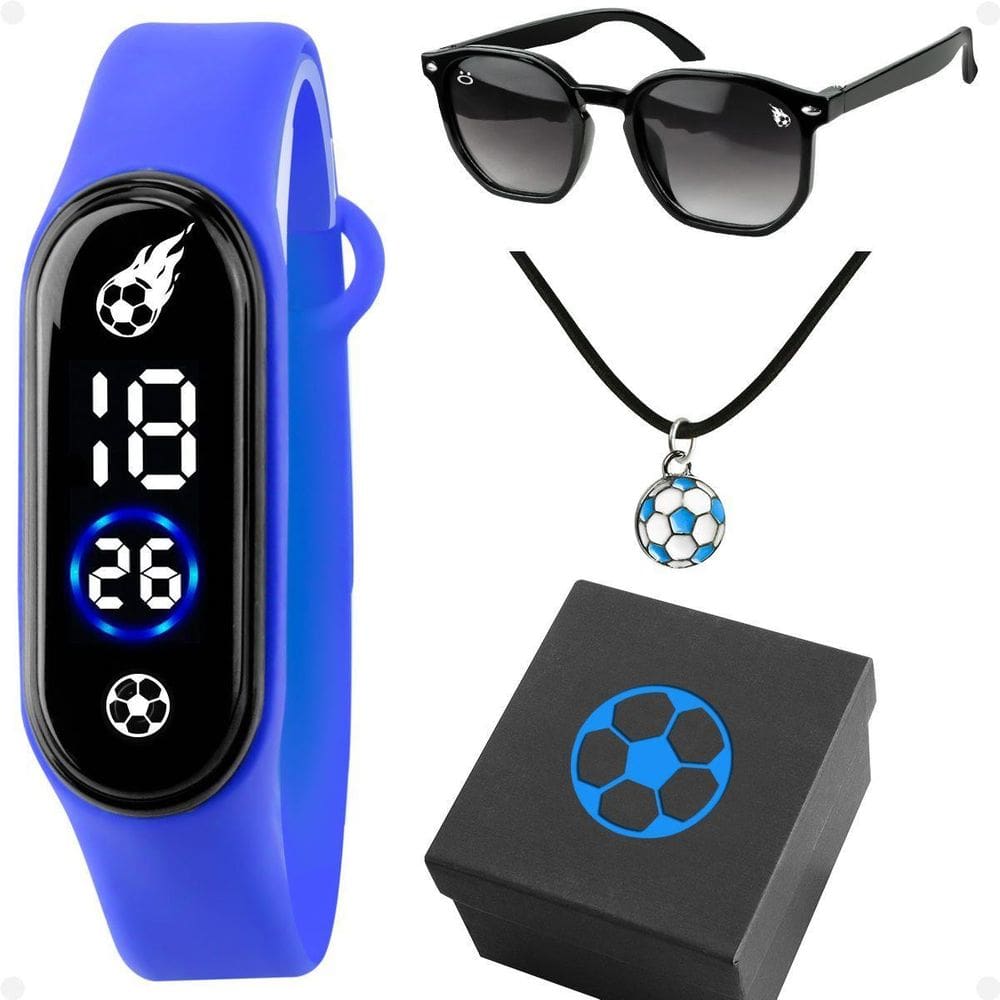 Relógio Led Infantil Futebol + Colar + Óculos + Caixa Orizom