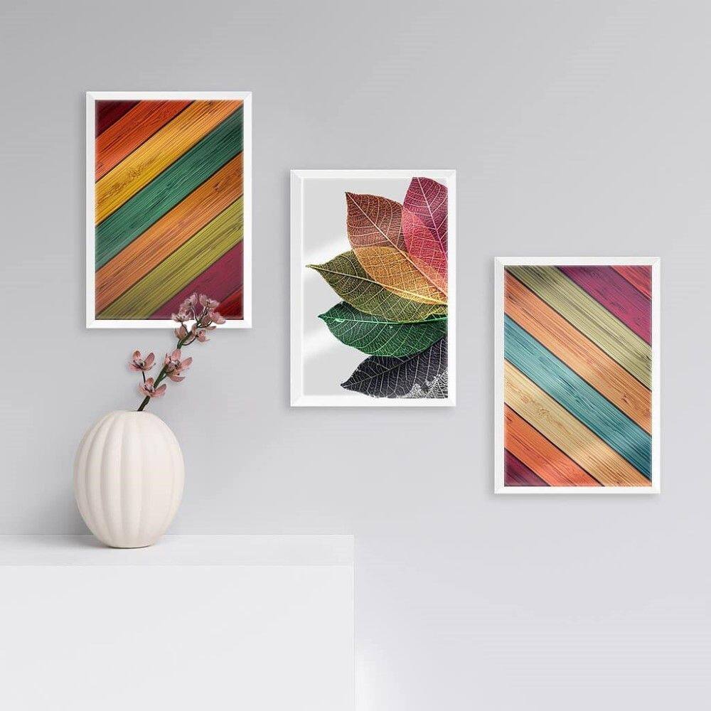 Quadros Decorativos Leaf Color C/ Vidro 3pç Sala Escritório