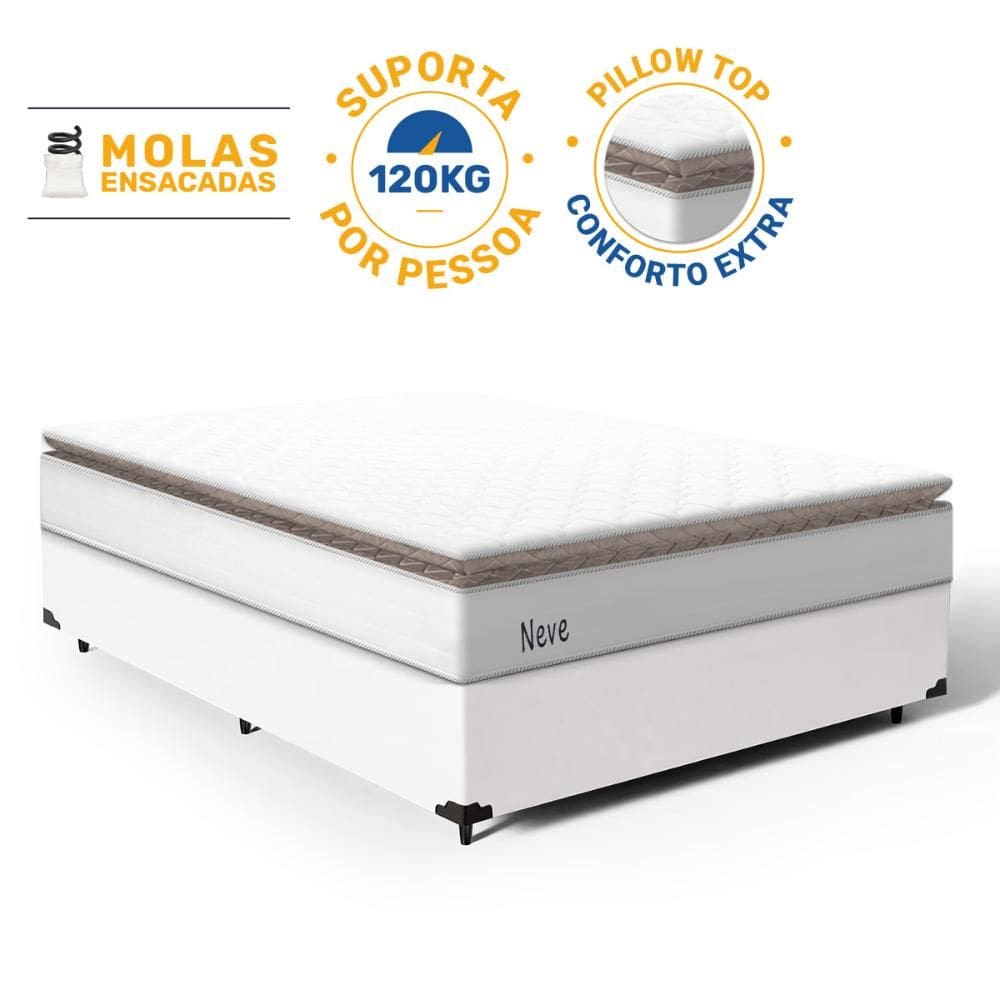Cama Box com Colchão de Molas Ensacadas Pillow Top Neve Casal 138cm
