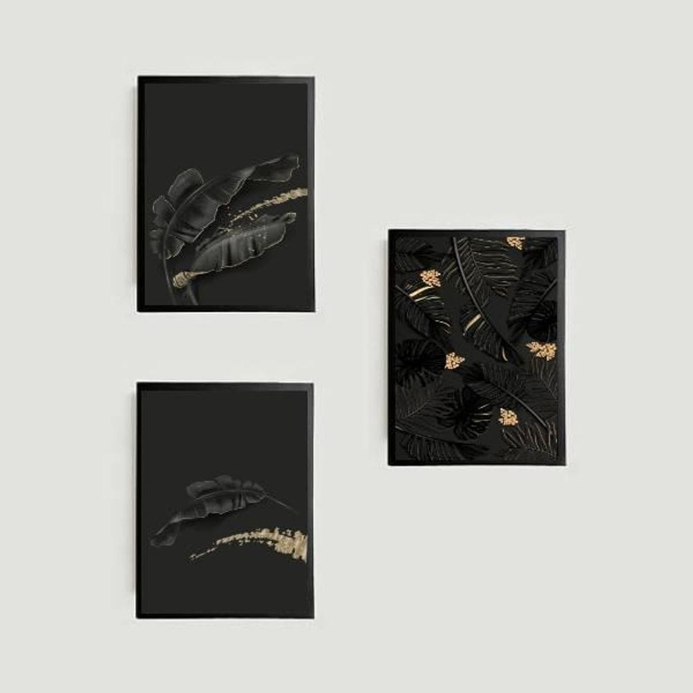 Kit 3 Quadros Folhas Pretas 45X34Cm Com Vidro Moldura Preta