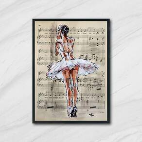 Quadro Bailarina e Partitura 24x18cm - Madeira Branca