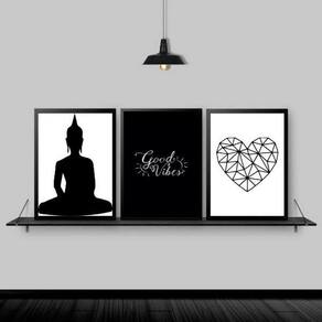Kit 3 Quadros Zen Buda Good Vibes 33X24Cm Moldura Preta