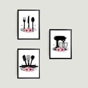 Kit 3 Quadros Utensílios De Cozinha 45X34Cm Com Vidro Preta