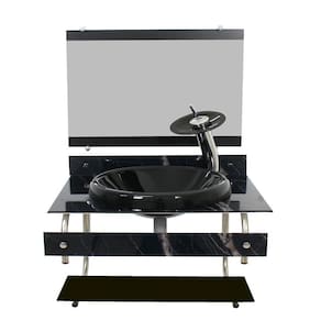 Gabinete Para Banheiro De Vidro 60Cm Inox - Mármore Preto
