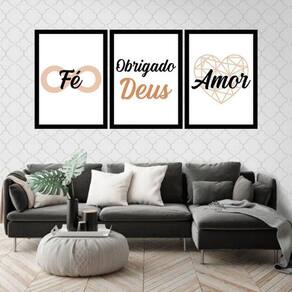 Kit 03 Quadros Decorativos Fé Obrigado Deus Marrom