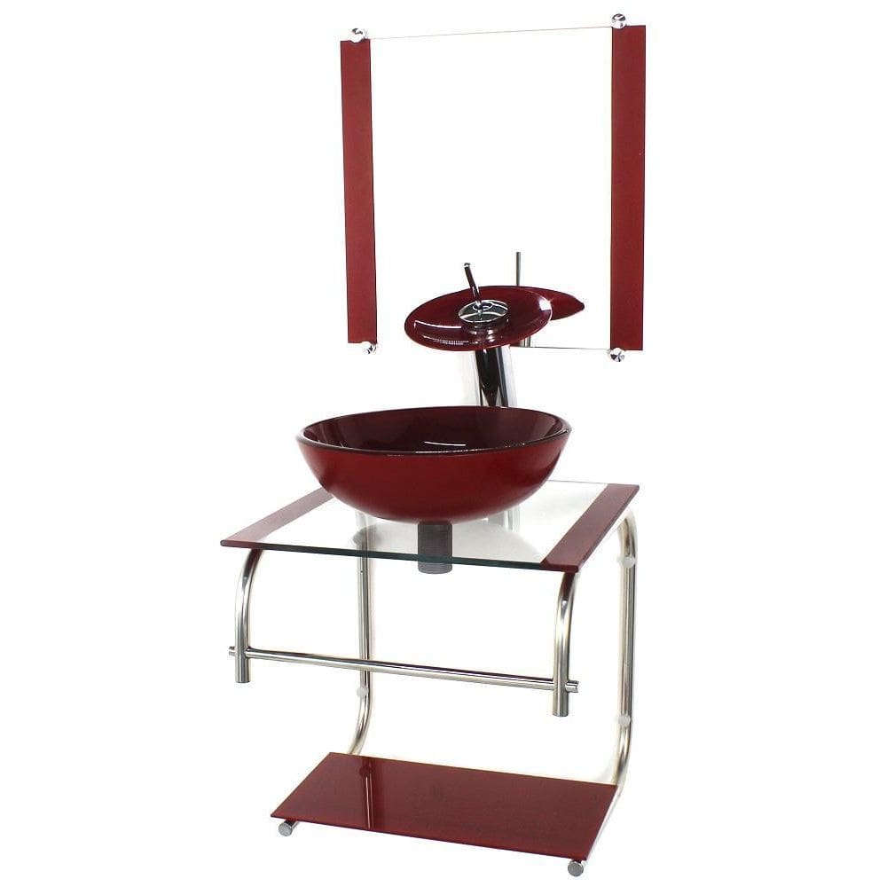 Gabinete 40Cm De Vidro Inox Cuba Redonda Vermelho Cereja