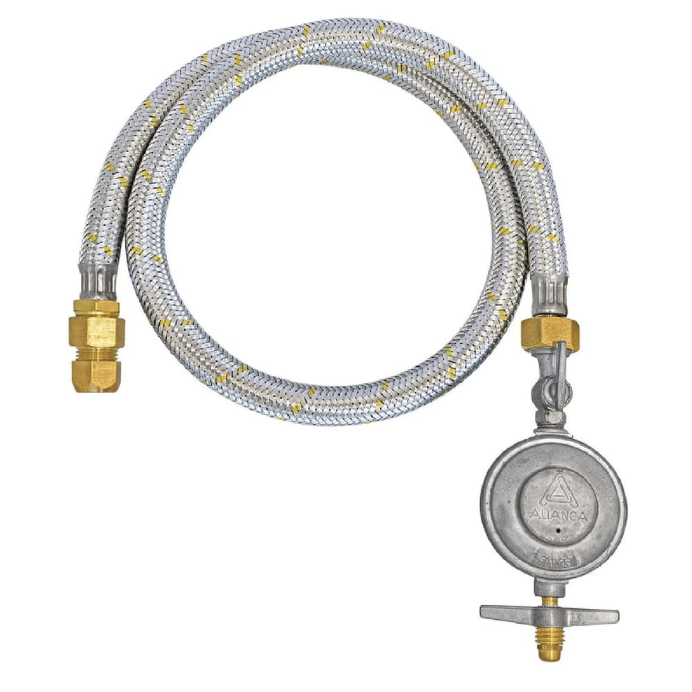 Kit Gás GLP Registro e Mangueira 1 Metro 3/8 em Aço Inox 304