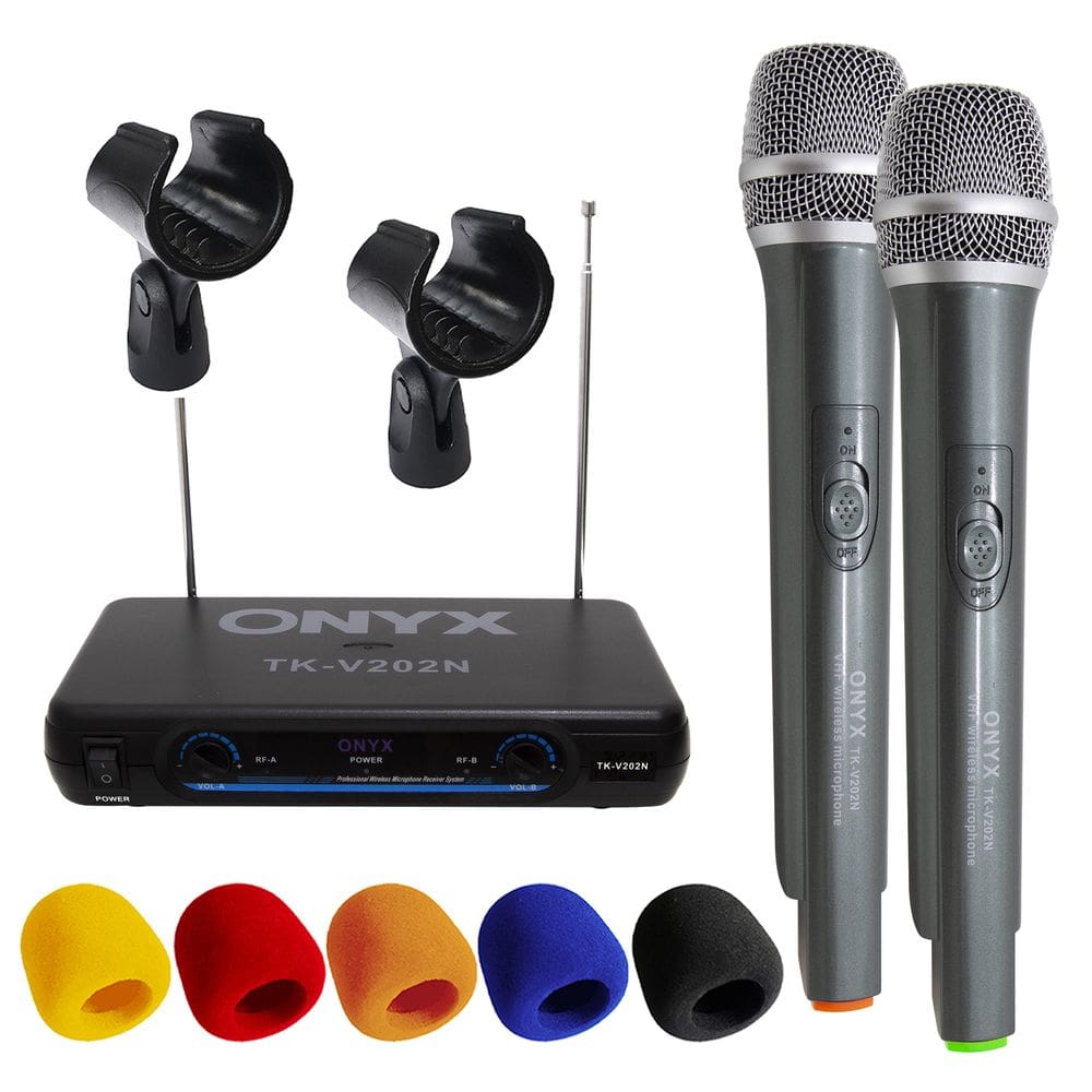 Kit Microfone sem Fio Duplo TK V202N VHF com 2 Suportes B18A e Espuma Onyx