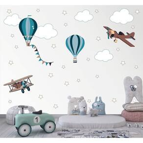 Adesivo De Parede Infantil Aviões Balões Nuvens E Estrelas