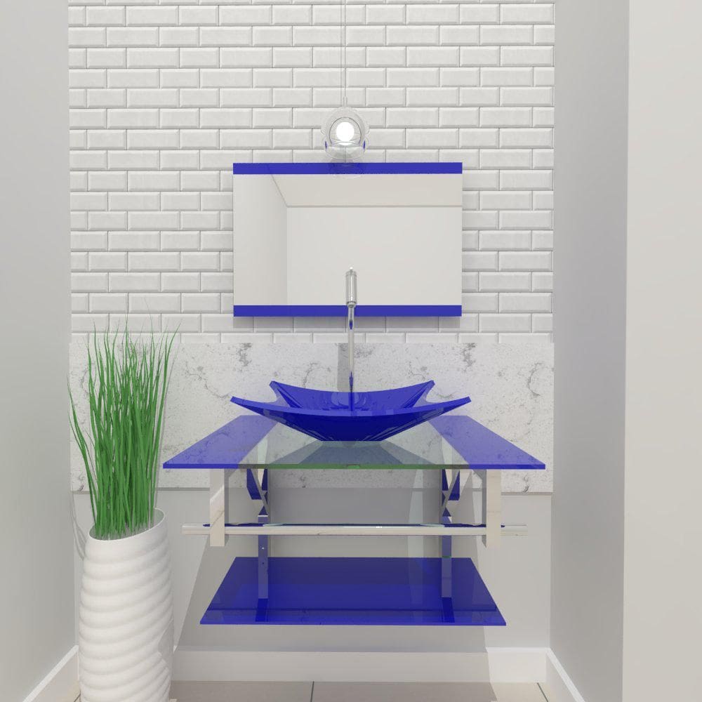 Gabinete Vidro 60Cm Iq Inox Cuba Retangular Azul + Torneira
