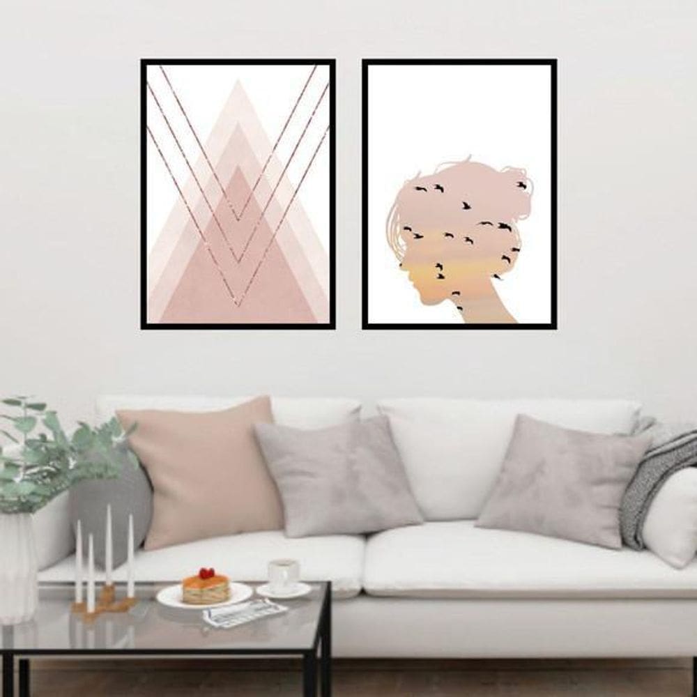 Kit 2 Quadros Menina Pássaros 24x18cm Moldura Preta