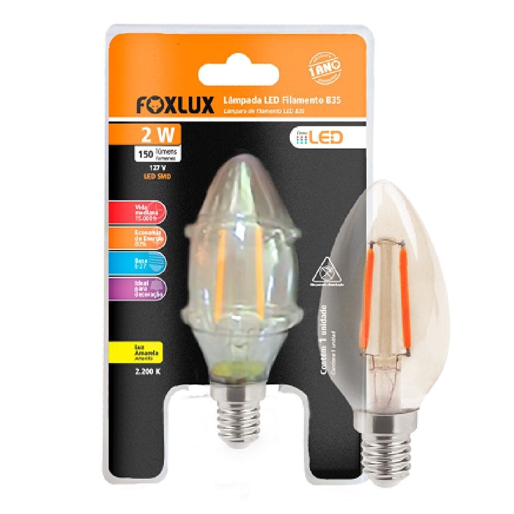Lampada Filamento E14 B35 Vela 2W 127V Foxlux