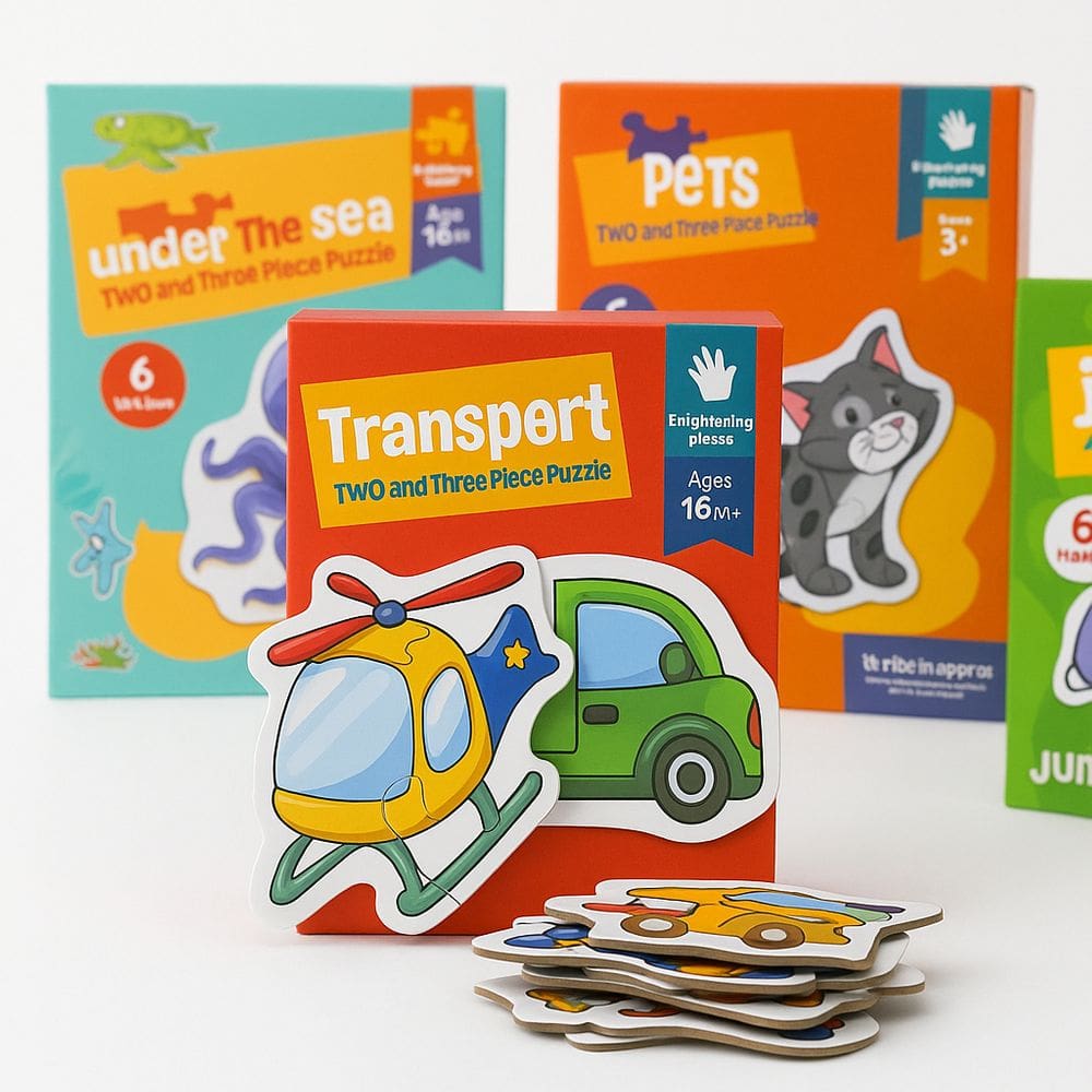 Kit 6 Quebra-Cabeça Infantil Brinquedo na Caixa com Tema de Veiculos Pets Fundo do Mar e Animais