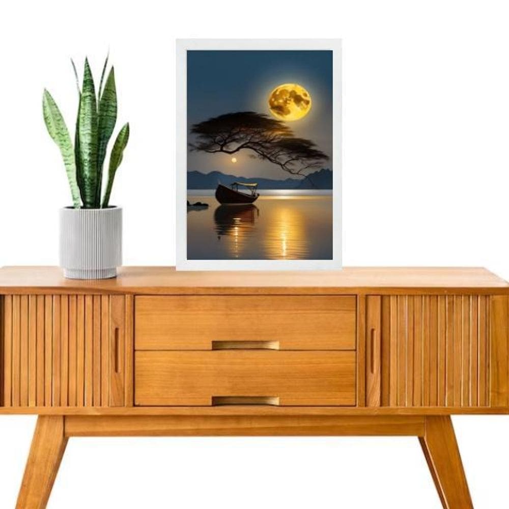 Quadro Decorativo Arte Barco Rio Lua Cheia 24X18Cm