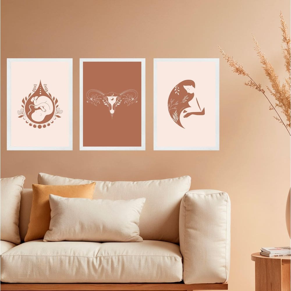 Kit 3 Quadros Ginecologia Maternidade Útero 33X24Cm