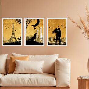Kit 3 Quadros Decorativos Casal Cachorro Paris 33X24Cm Vidro