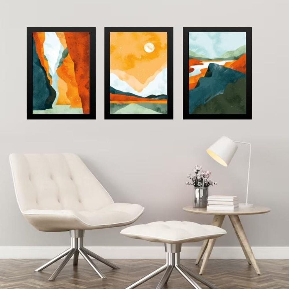 Kit 3 Quadros Abstratos Aquarela Paisagens Coloridas 33X24Cm