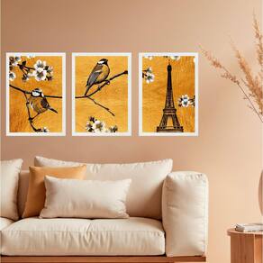 Kit 3 Quadros Passarinhos Paris Torre Eiffel 45X34Cm - Vidro