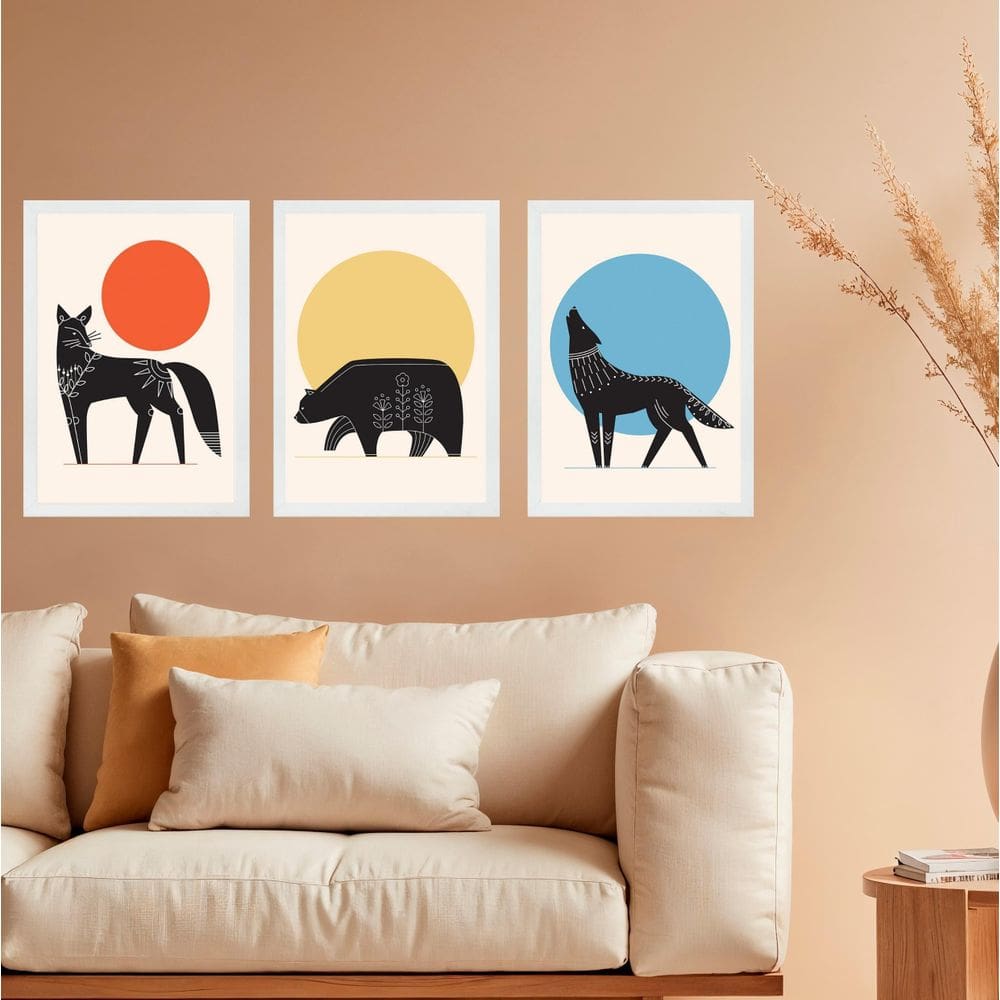 Kit 3 Quadros Decorativos Animais Boho 33X24Cm - Com Vidro