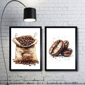 Kit 2 Quadros Aquarela - Grãos De Café 33X24Cm - Com Vidro