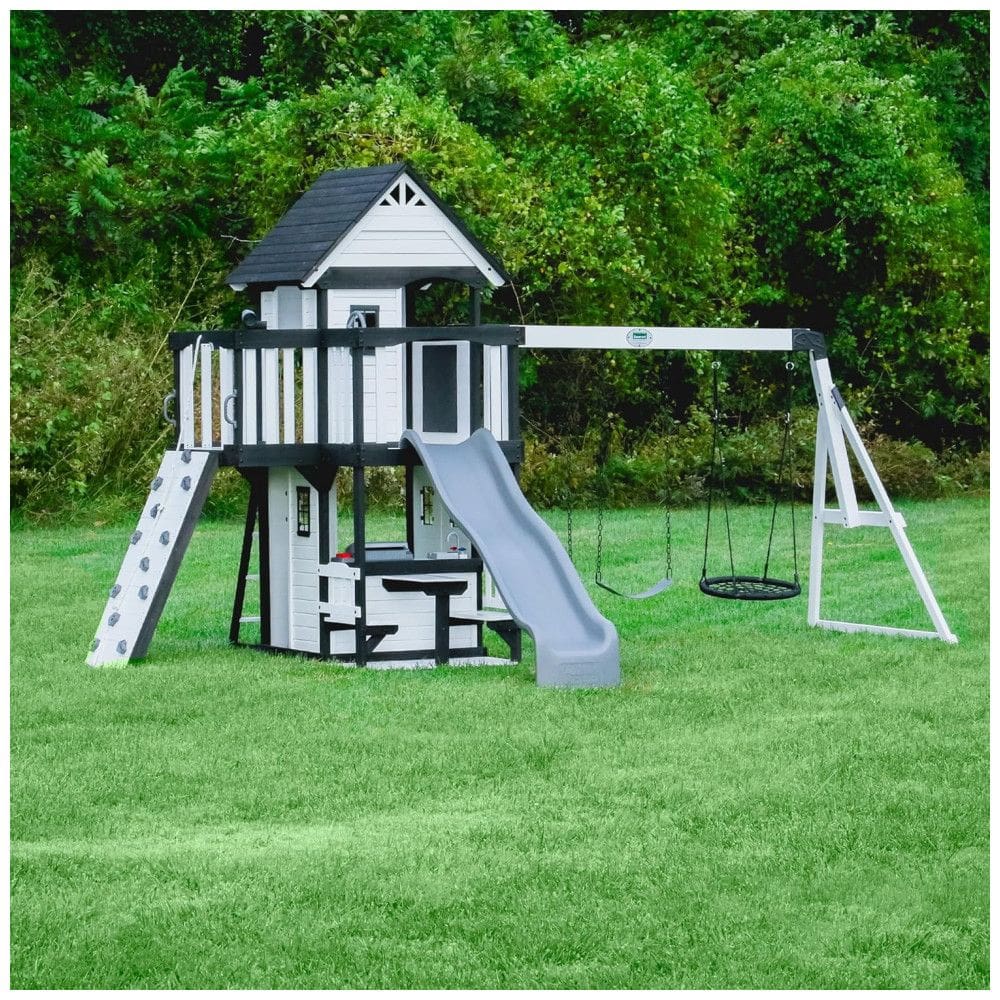 Playground Infantil de Madeira com Parede de Escalada, Escorregador de Ondas, Balança de Teia, Varanda e 2 Balanços de Cinto, Backyard