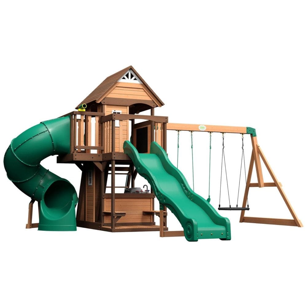 Playground Infantil de Madeira com Cozinha Compacta, Parede de Escalada, Escorregador, Tobogã, Telescópio e 2 Balanços, Backyard Discovery,