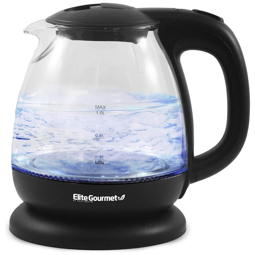 Chaleira Elétrica de Vidro 1,0L Sem BPA 1100W, Design Elegante c/ LED Azul, Desligamento Automático - Ferve Água Rapidamente,Elite Gourmet