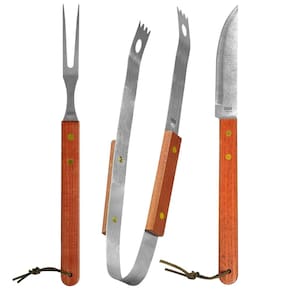 Garfo Faca Pegador Churrasco Madeira Aço Inox Fixxar - 4un